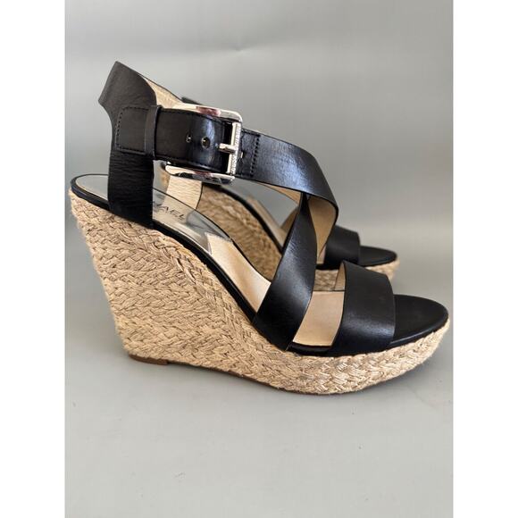 Michael Kors Black Leather Wedge Espadrille Heels Size 9.5 Resort Vacation - Picture 1 of 7